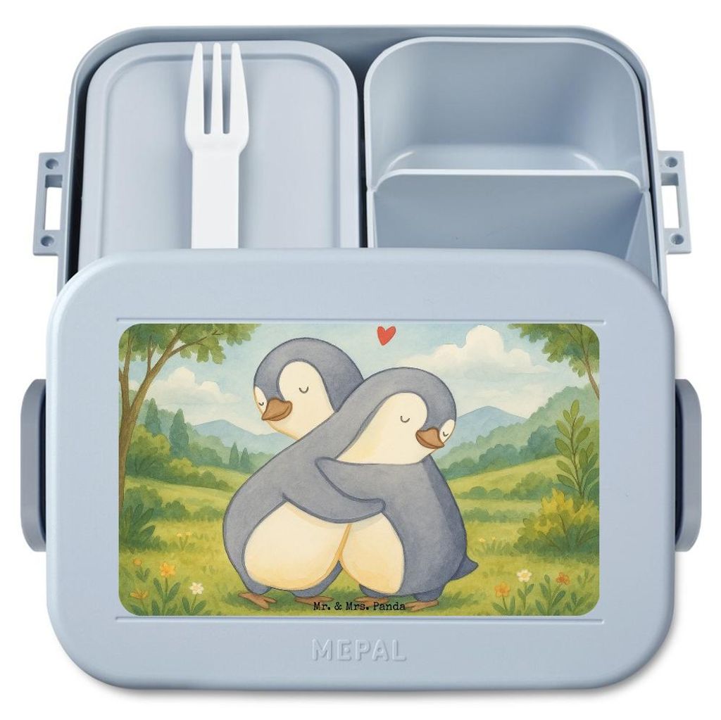 Mr. & Mrs. Panda Bentobox Pinguine Kuscheln Design - Blau Pastell - Geschenk, Jahrestag, Lunchbox, Vesperbox, für Partner, Valentinstag, Bento-Bro...