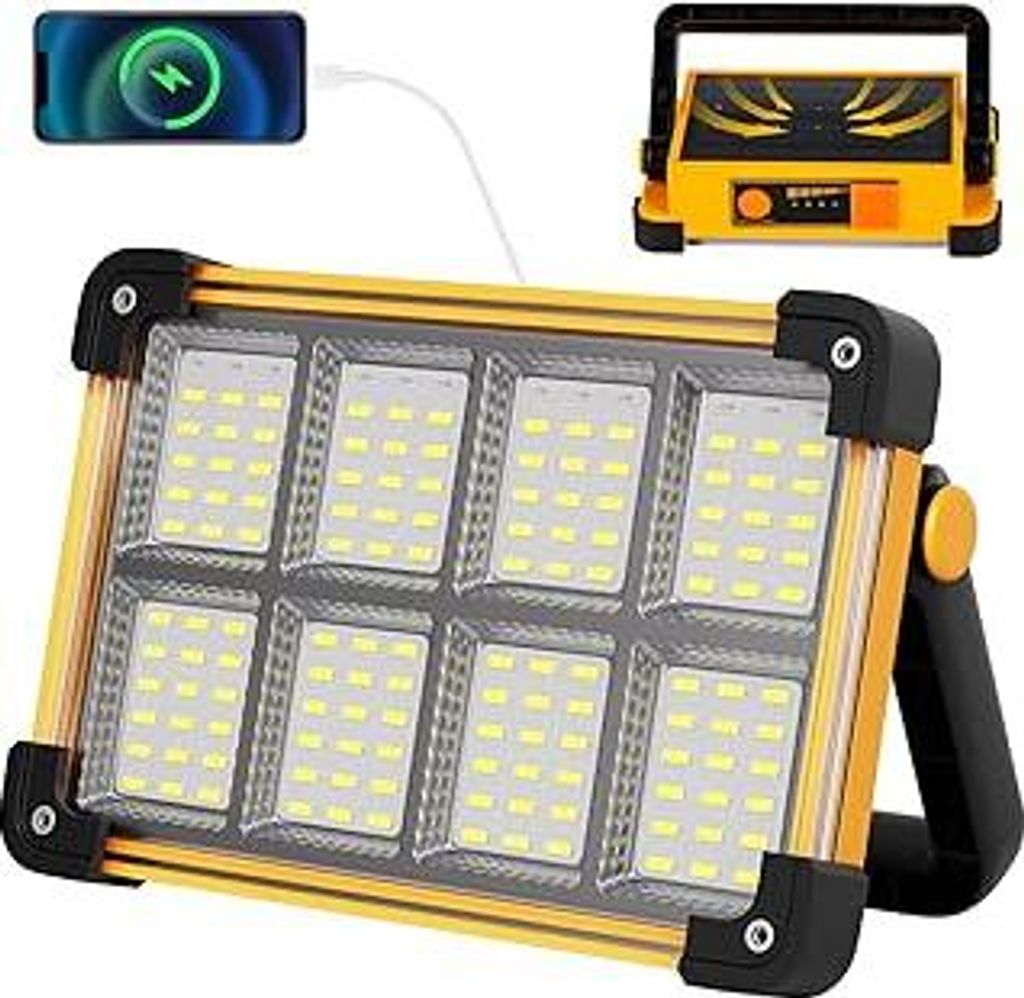 Led Baustrahler Akku Solar Arbeitsleuchte Tragbare, 4 Modi LED Strahler Akku, Campinglampe Aufladbar für Garten, Garage, Camping, Notfall, Outdoor...