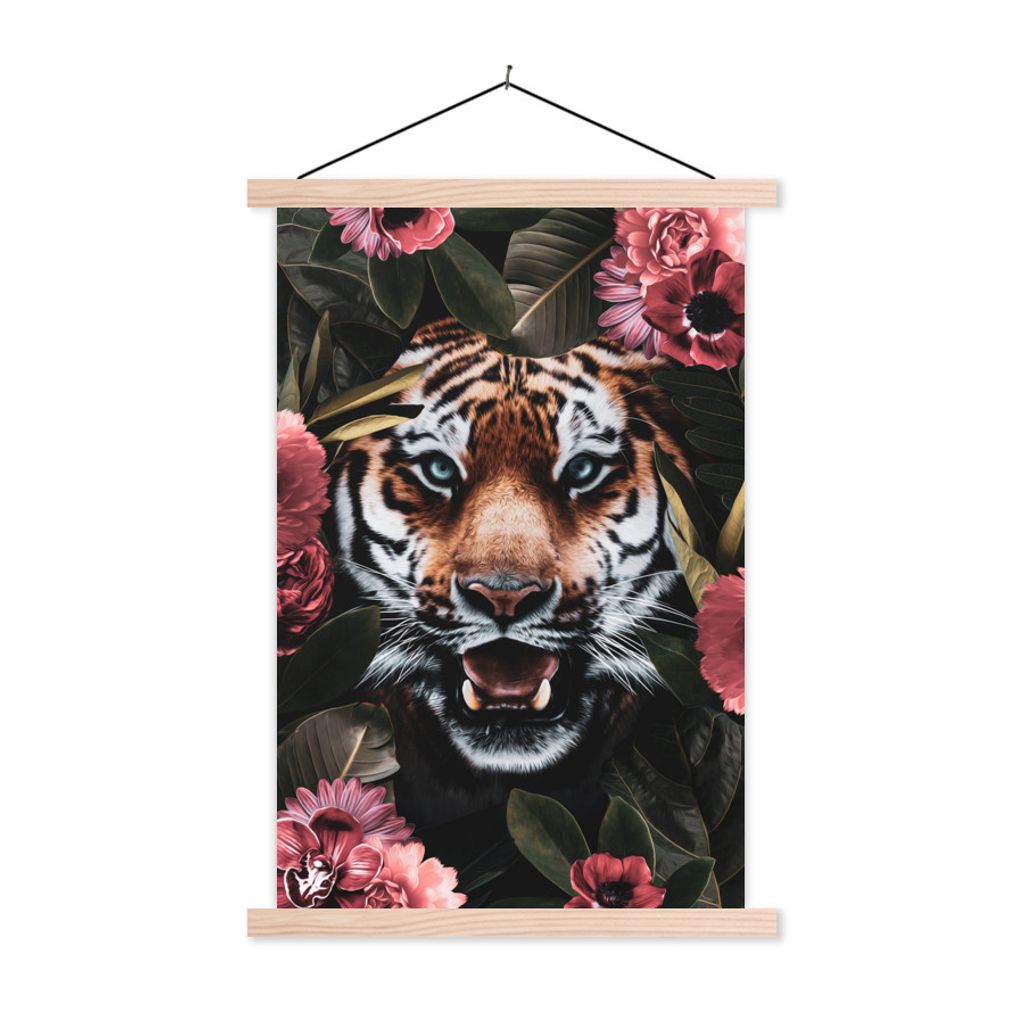 MuchoWow Textilposter Rosa - Tiger - Pflanzen 40x60 cm mit holzfarbenen Rahmen - Poster