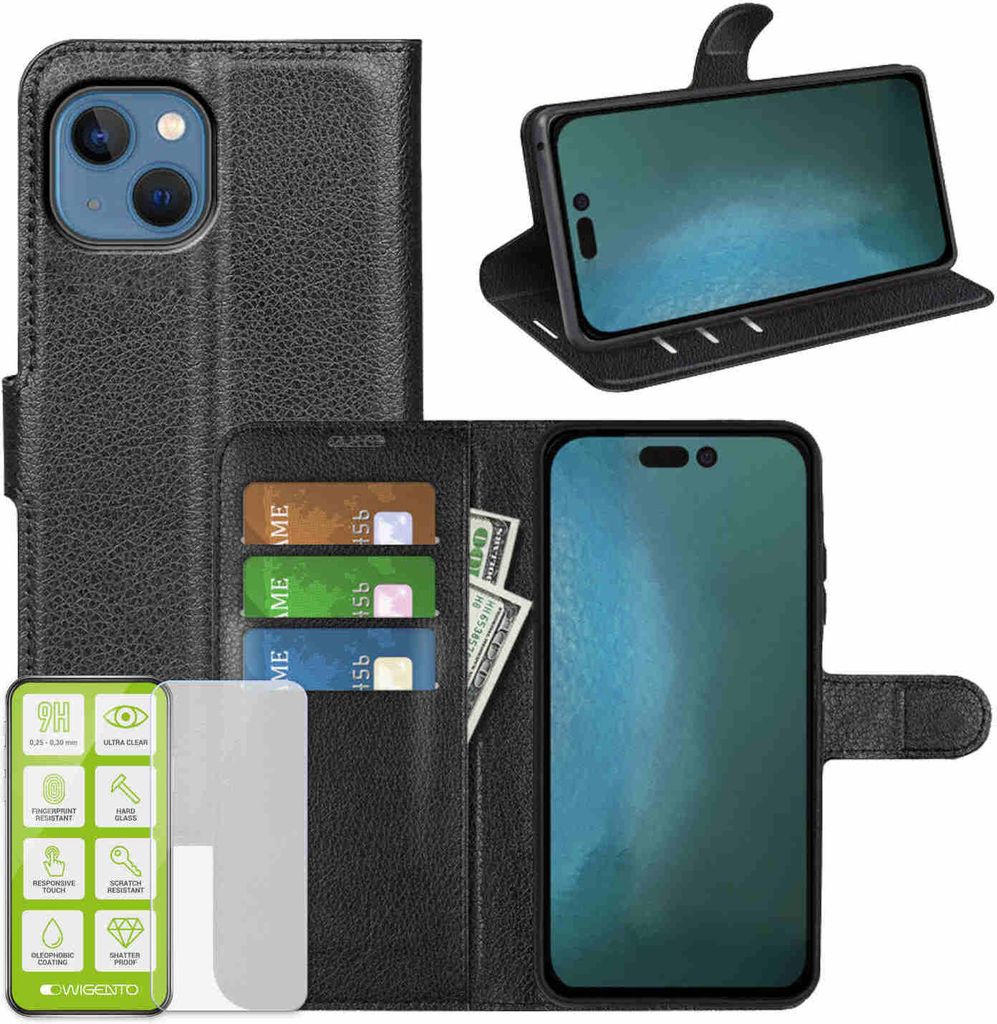 Für Apple iPhone 14 Plus Handy Tasche Schwarz Etuis Kunst-Leder Hülle + H9 Glas