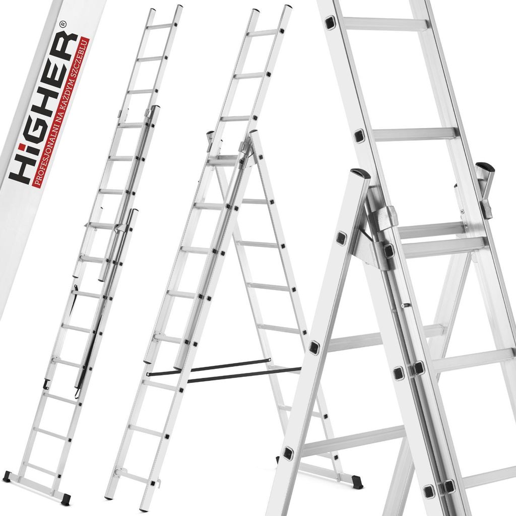 Drabina aluminiowa z opcją na schody 3x8 HIGHER 4,70m Hobby Zdjęcie produktu  Obraz wygenerowany przez AI