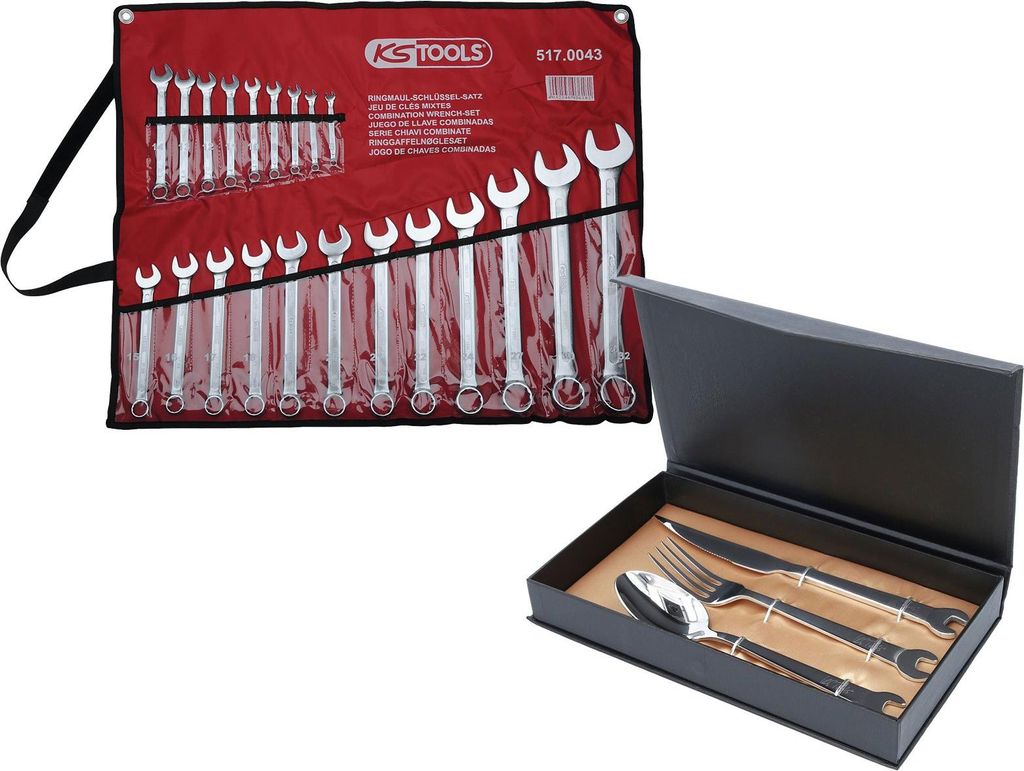 KS TOOLS Ringmaulschlüssel-Satz abgewinkelt 21tlg. 6 - 32 mm + GRATIS Besteck-Set 3tlg.