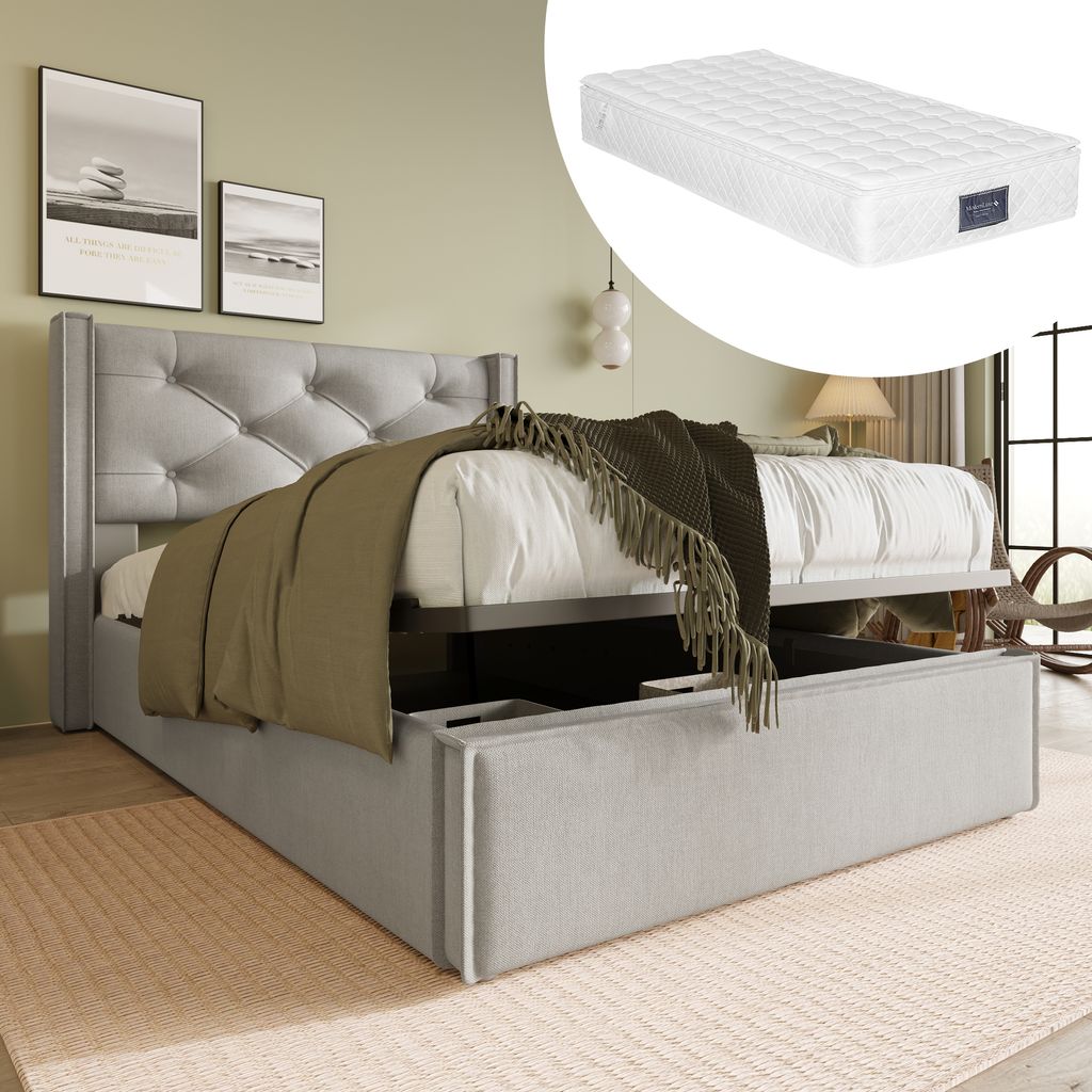 Sweiko Boxspringbett Polsterbett mit Kopfteil und Lattenrost, Stauraumfunktion Bett, Baumwolle, HellGrau,90x200 cm (mit Matratze)