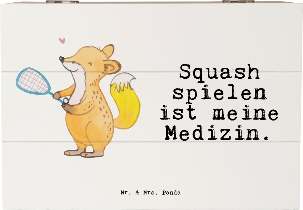 Mr. & Mrs. Panda Truhe Fuchs Squash spielen 22 x 15 cm - Weiß - Geschenk, Holzkiste mit Deckel, Squashhalle, Holzbox, Schatzkiste, fotokiste, Ball...