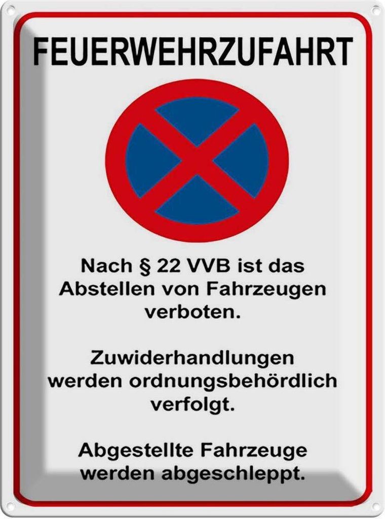 vianmo Blechschild 40x30 cm Feuerwehrzufahrt nach §22VVB Produktbild 