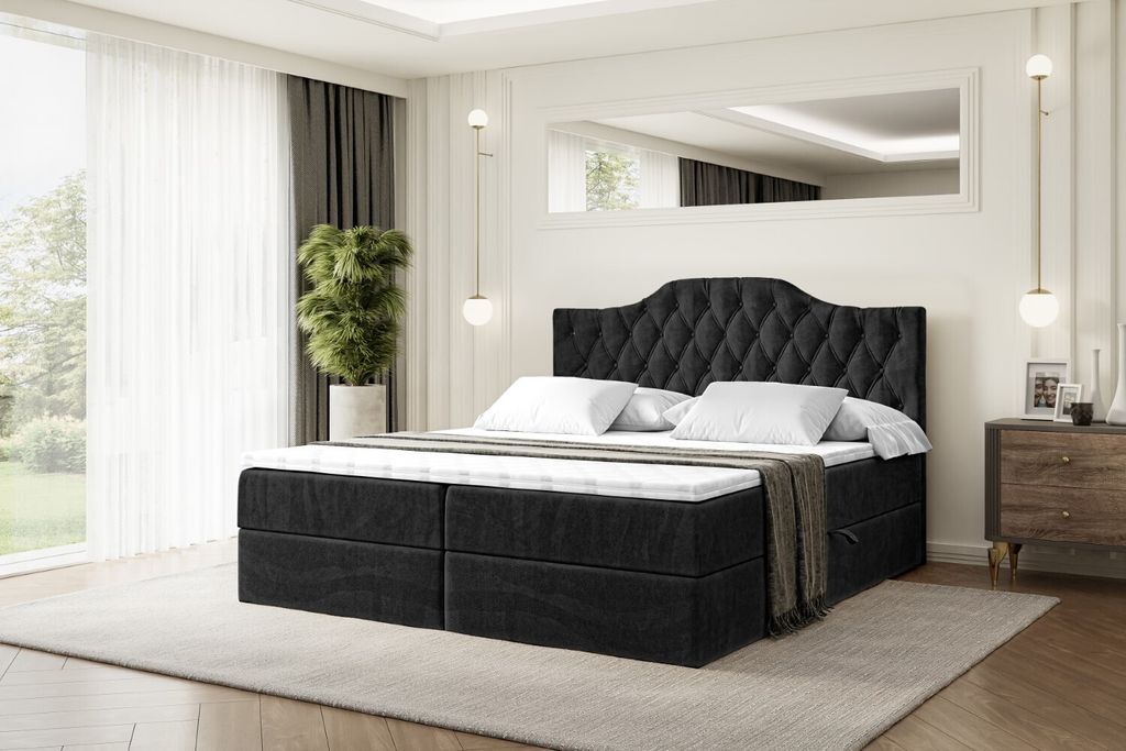 ALTDECOR Boxspringbett mit H4 Matratze und Topper - 180 x 200 cm - VILA-1 - Schwarz Samt - Polsterbett mit Bettkasten und Lattenrost, Bett mit Stau...