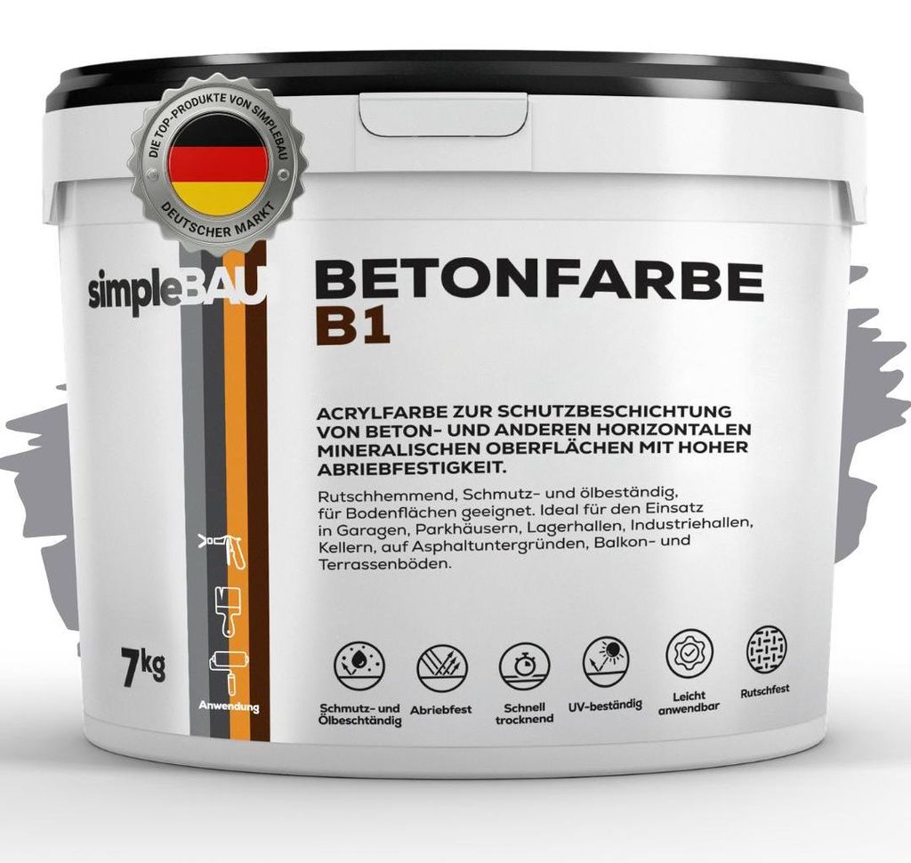 simpleBAU Betonfarbe B1 Grau 7 Kg, Garagenbodenbeschichtung, Betonfarbe Außen Frostsicher