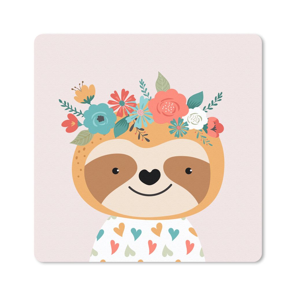 MuchoWow Mauspad Mousepad Faultier - Blumen - Pastell 20x20 cm - Mousepads - Maus Mat - Pad - Mausunterlage - Desk Mat - Bureauartikeln