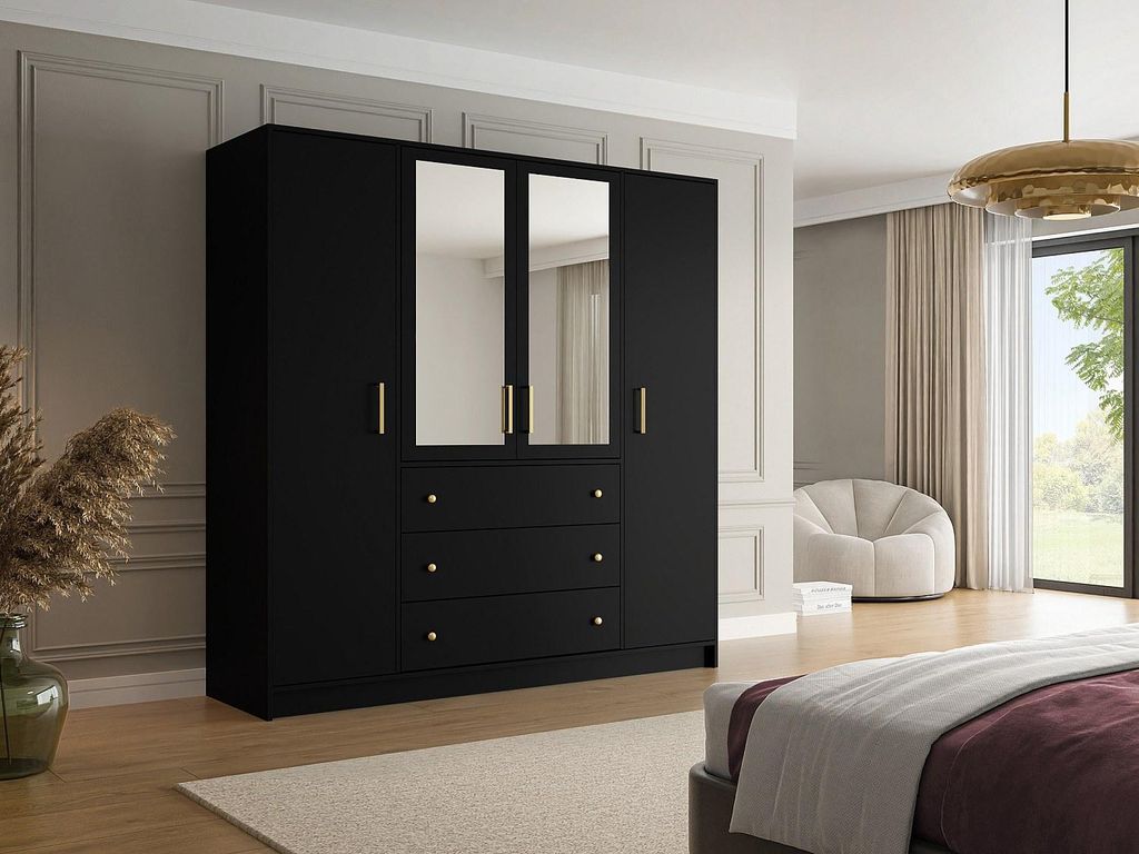 Vente-unique LIZANDRO, Schwarz, Garderobe, 10 Regale, 4 Tür(en), Schwarz, Partikelbord