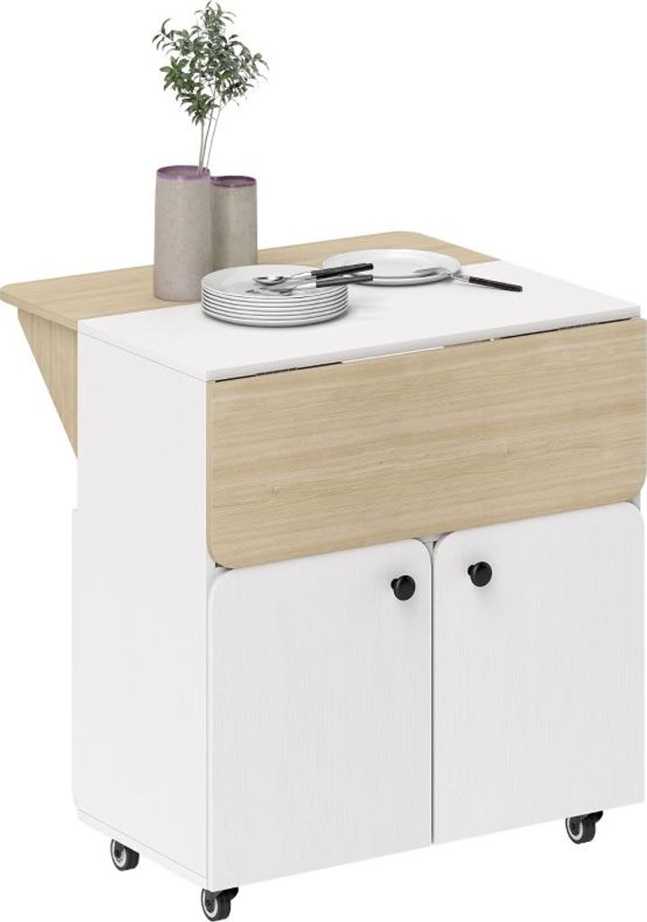 Klapptisch Rollschrank, zwei klappbare Tischseiten, Schrankfach, 4 Rollen, Weiß+Naturholz, 70 x 83 x 75cm