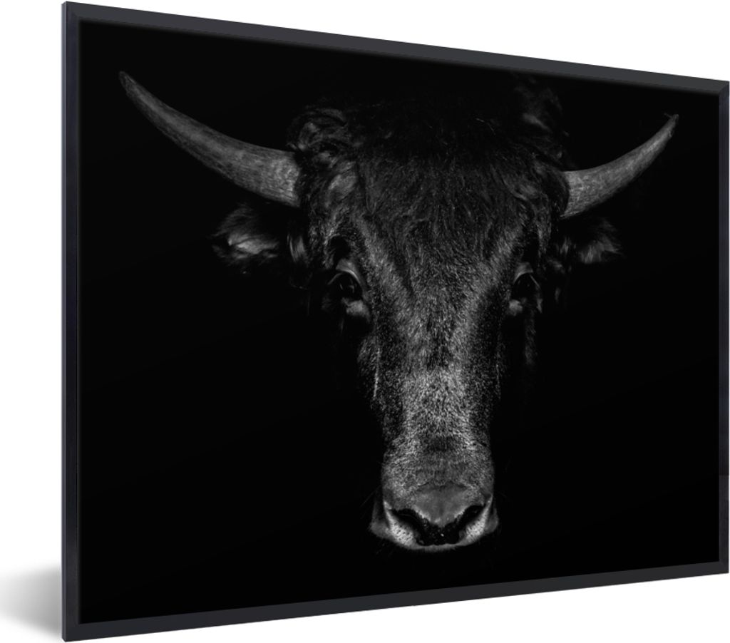 MuchoWow Gerahmtes Poster Taurus - Tiere - Schwarz - Weiß 80x60 cm - Poster mit Schwarzem Bilderrahmen Wandposter Rahmen Foto Bilder - Schwarzem...