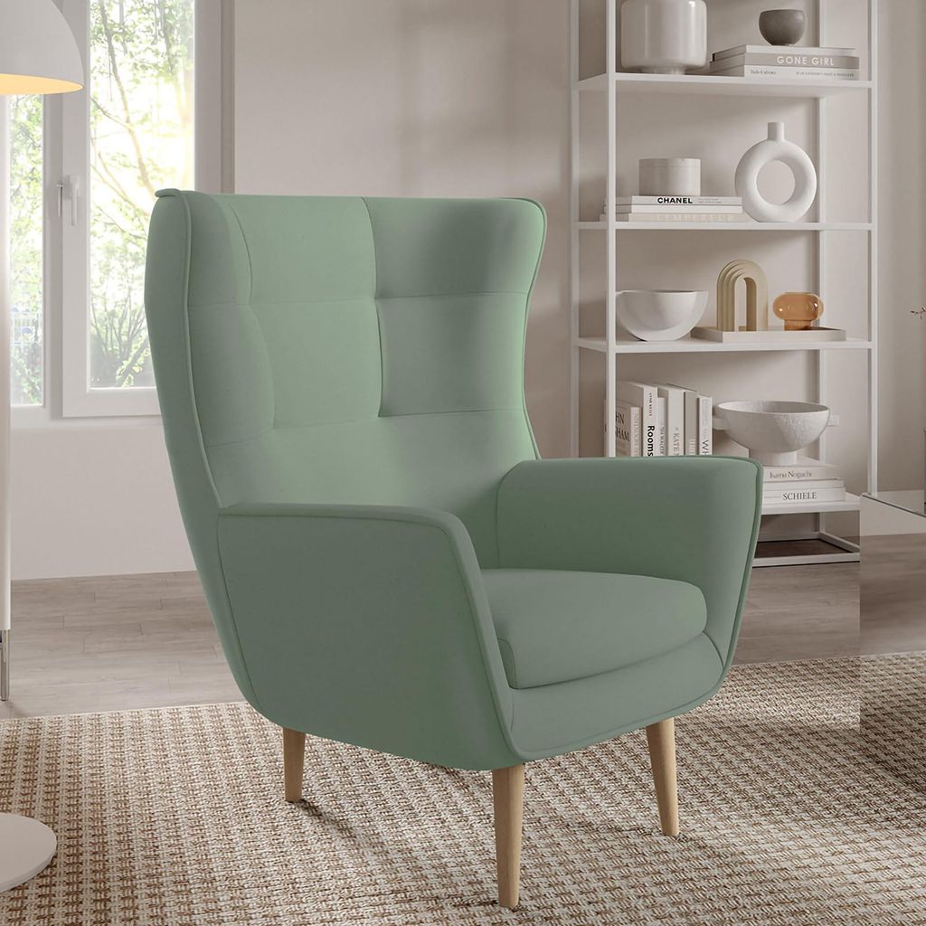Sessel Franco Polstersessel, Einzelsessel mit Rückenlehne für Wohnzimmer und Esszimmer, bequemer Sessel, naturfarbene Holzbeine – Stoff Castel 34