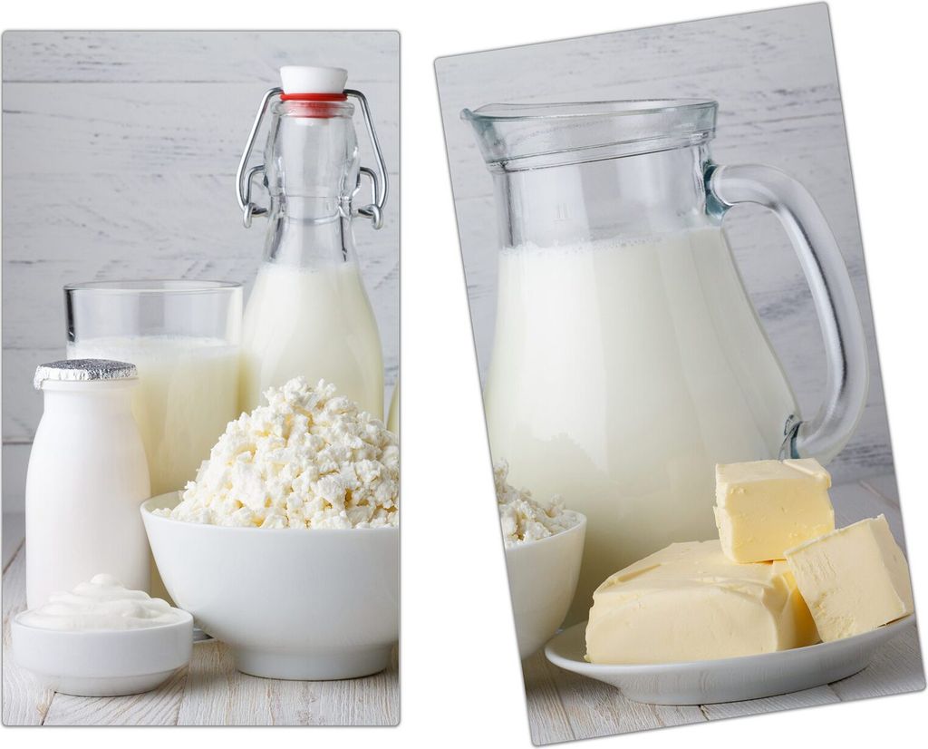 Spritzschutz Herdabdeckplatte Schneidebrett aus Glas verschiedene Milchprodukte 2-Teilig (60x52cm)