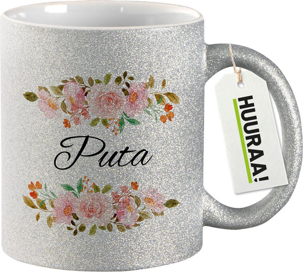 Huuraa Glitzertasse Puta spanisch Blumen 330ml Silber Keramik Kaffeebecher Geschenkidee