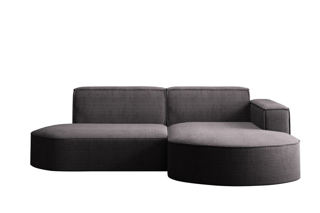 A dark gray sectional sofa with a chaise lounge against a white background.