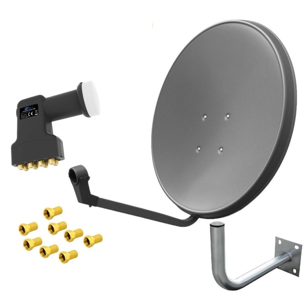 ARLI 60 cm HD Sat Antenne grau + Octo LNB + Wandhalter 25 cm + 8x F-Stecker vergoldet