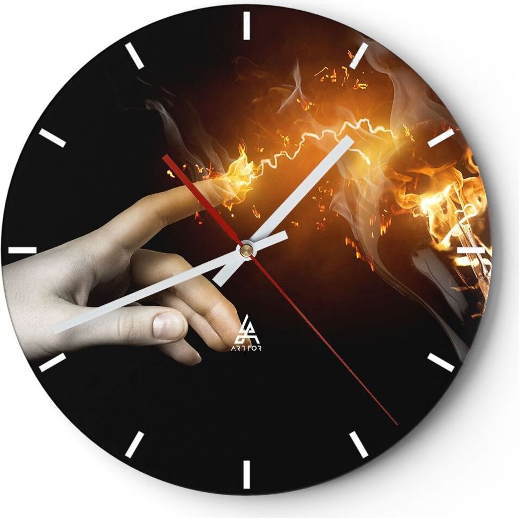 Wanduhr - Rund - Glasuhr - Hand Licht Flammen - 30x30cm - Schleichendes Uhrwerk - Lautlos - zum Aufhängen bereit - Dekoration Modern - Wanddekorat...