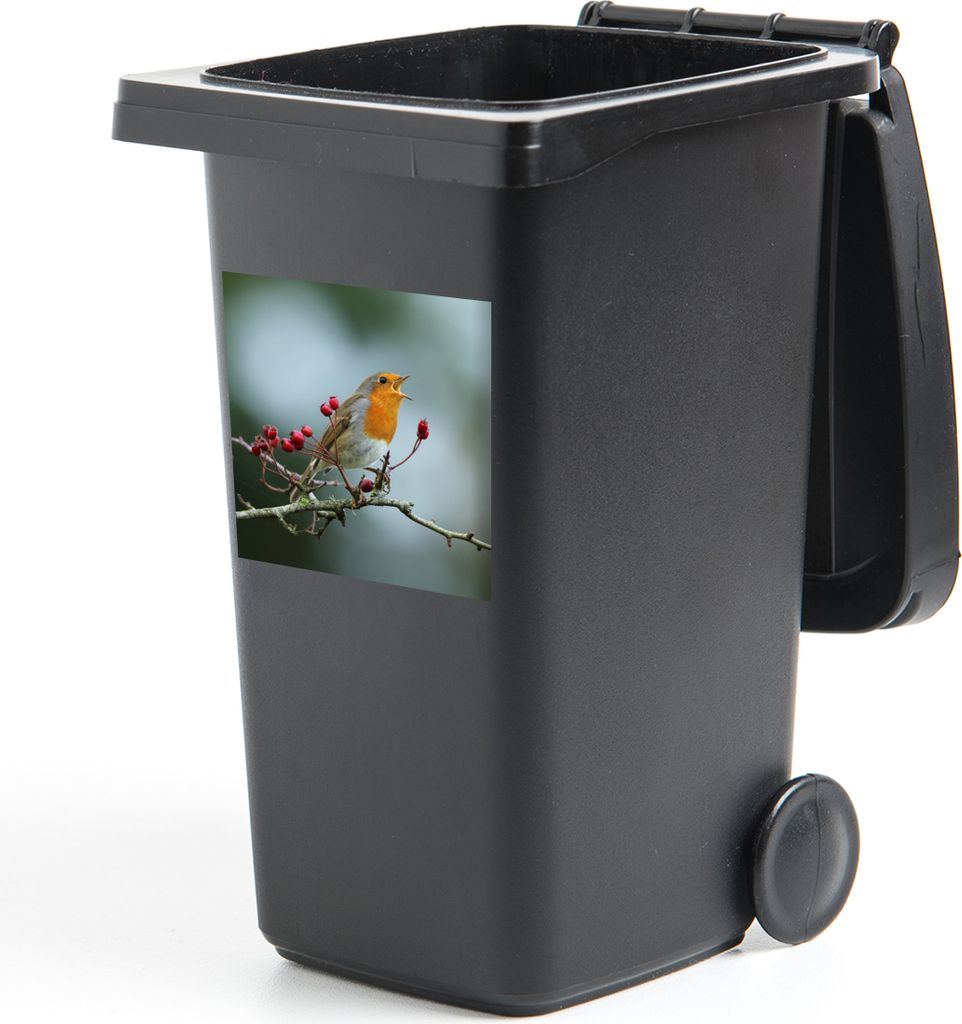 MuchoWow Mülltonnenaufkleber Rotkehlchen - Zweig - Beeren 40x40 cm - Abfall-Aufkleber - Container - für Abfallcontainer