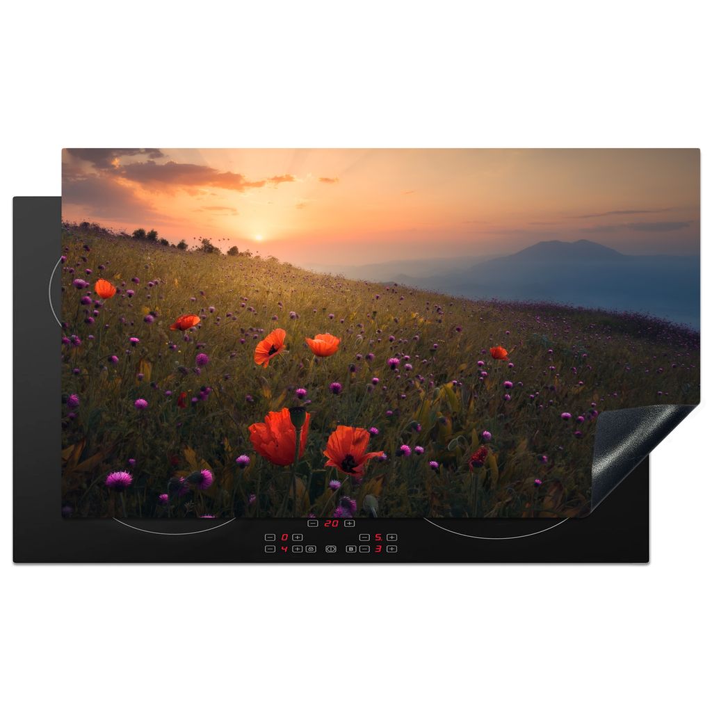 KitchenYeah Herdabdeckplatte Blumenfeld - Gras - Pflanzen - Sonnenuntergang - Orange , 91x52cm, Küche Deko, Glaskeramikkochfeld Herdabdeckung, A...