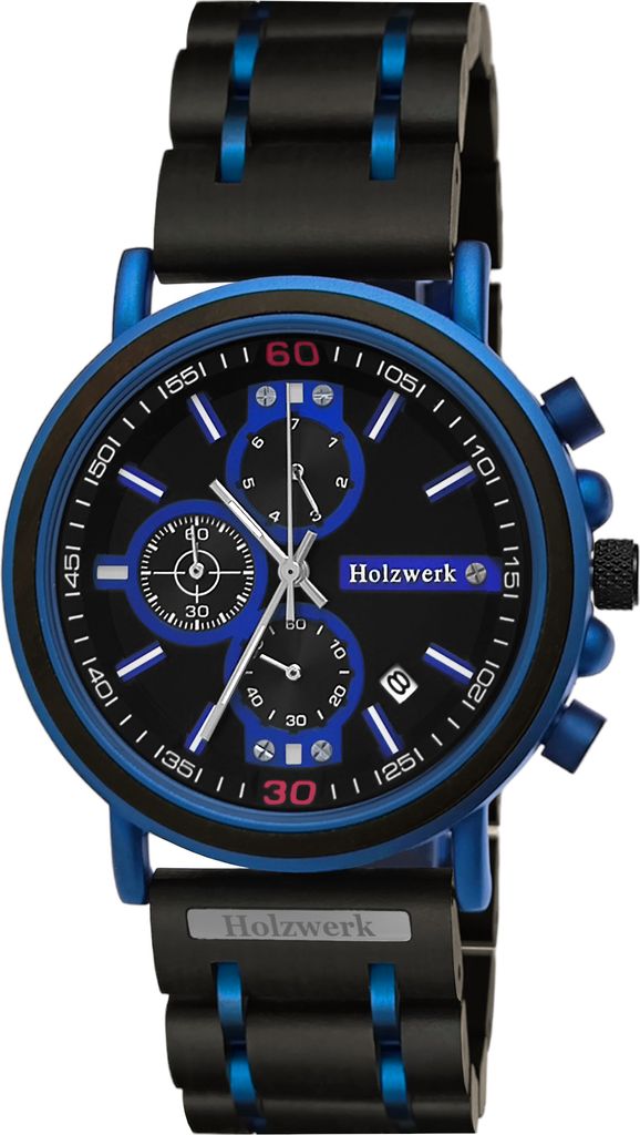Holzwerk BALVE Herren Holz & Edelstahl Chronograph, Uhr mit Datum, schwarz, blau
