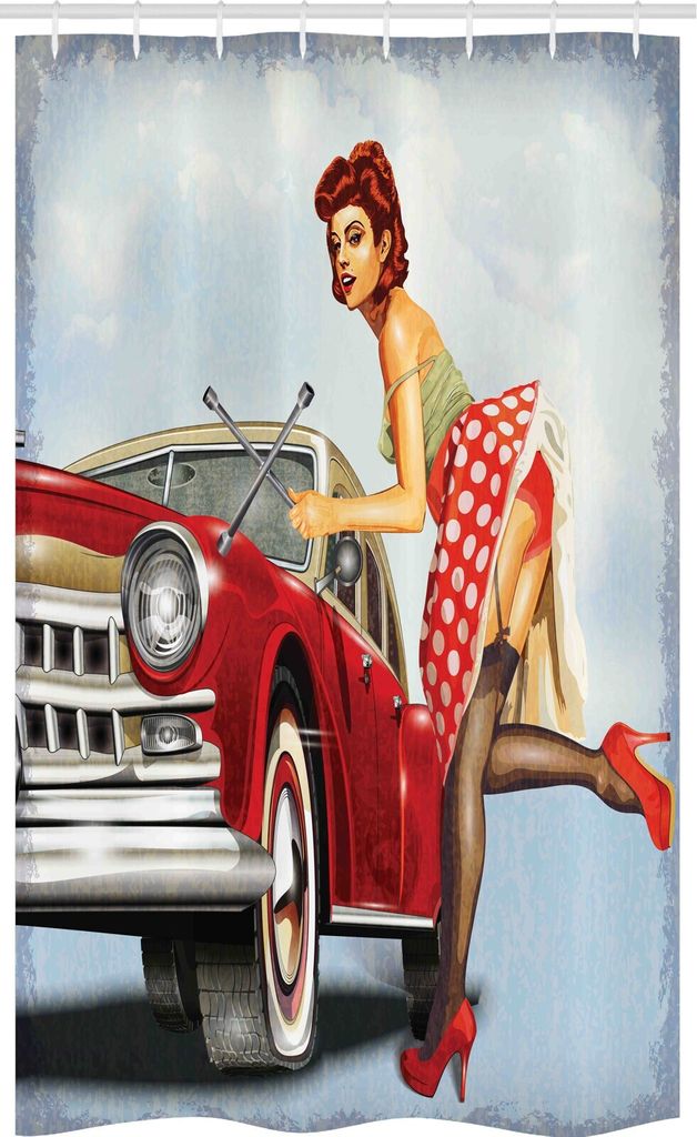ABAKUHAUS Pin up Girl Schmaler Duschvorhang, Lady Zur Festsetzung des Autos, Badezimmer Deko Set aus Stoff mit Haken, 120 x 180 cm, Mehrfarbig