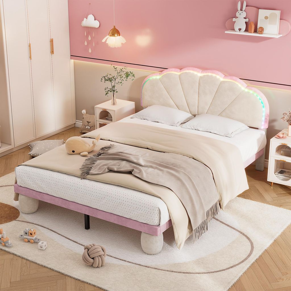 okwish Kinderbett Plattformbett 140×200 cm mit Lattenrost, Polsterbett Jugendbett für Jungen und Mädchen, Funktionelles Doppelbett mit LED-Licht...