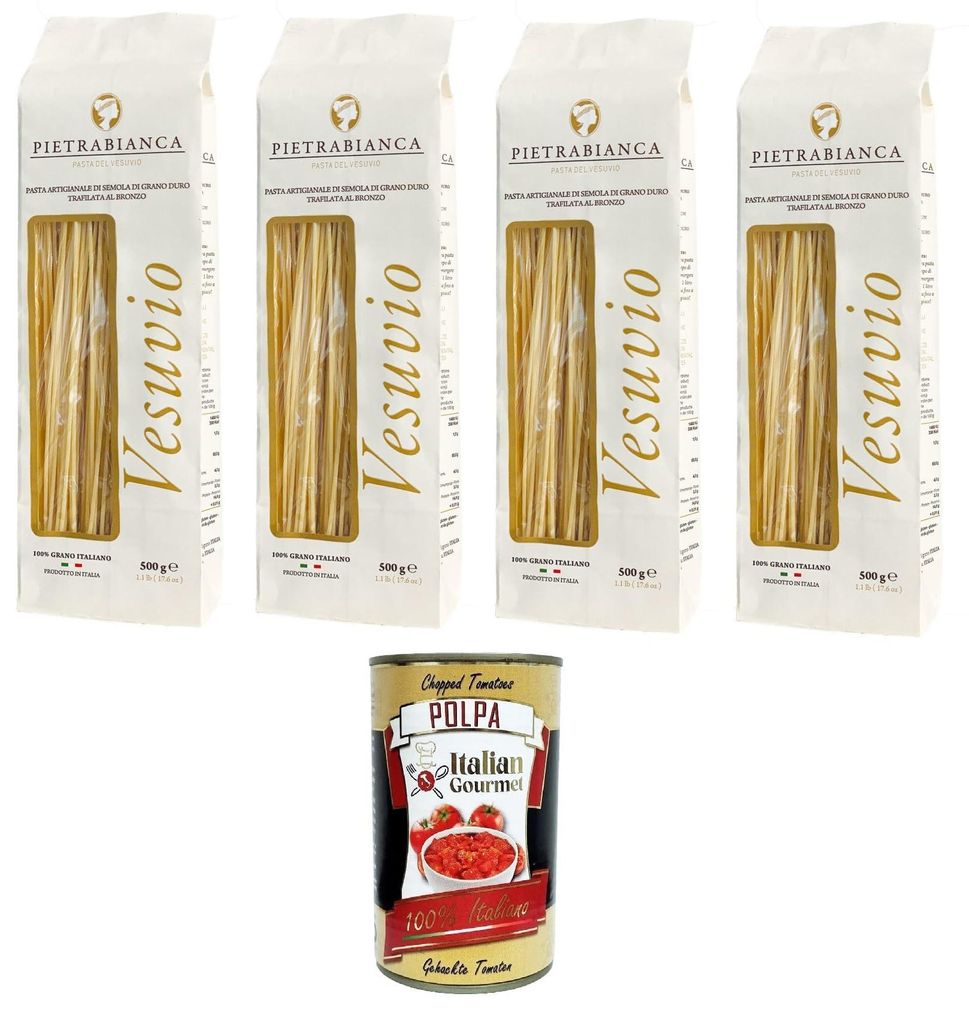 Pietrabianca, Pasta di Semola Artigianale trafilata al bronzo handgefertigte, aus Bronze gezogene Grießnudeln „Spaghetti“ 4x500gr + Italian Go...