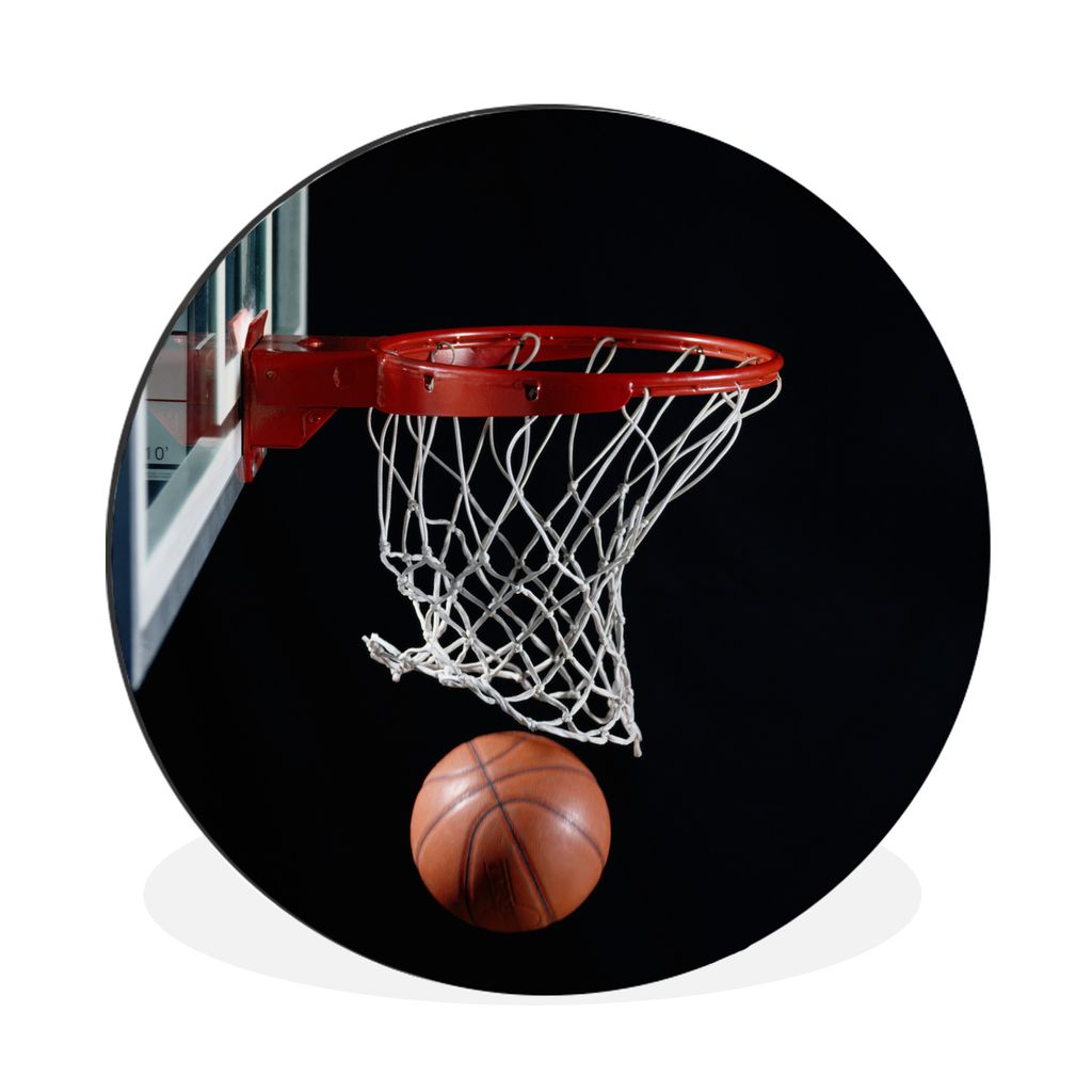 MuchoWow Aluminium Wandkreis Ein Basketball neben dem Korb auf schwarzem Hintergrund Ø 30 cm Wanddeko Modern Wohnzimmer - Wand Bild - Wohnzimmer...