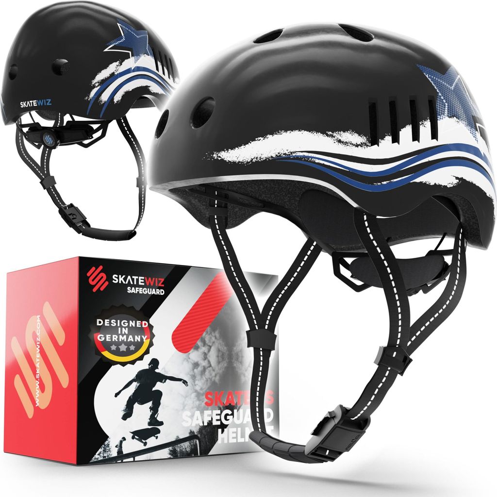 SKATEWIZ Fahrradhelm Skaterhelm für Kinder und Jugendliche - Extrem leicht - FIDLOCK Magnetschnalle - Größe-S - 49-53cm;Schwarz Weiß