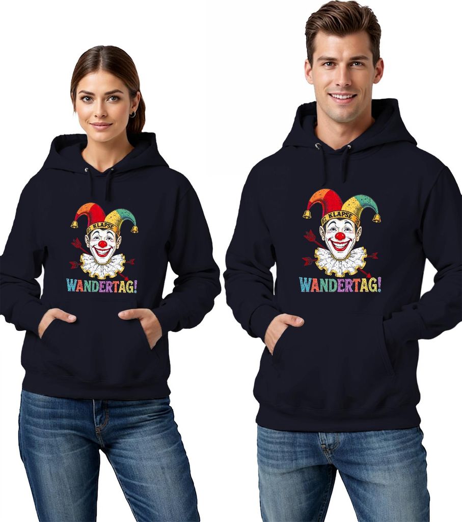 WANDERTAG Clown Narr Halskrause Pfeile Glocken Karneval Jeck Köln Uni Hoodie Kapuzenpullover, Navy, XXL