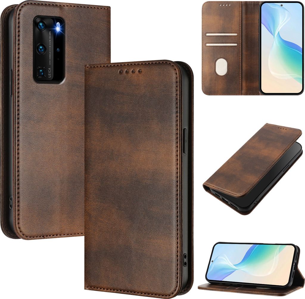 Handyhülle für Huawei P40 Pro, Vintage Leder RFID Schutz Kartenfach Standfunktion Magnetische Klapphülle Braun