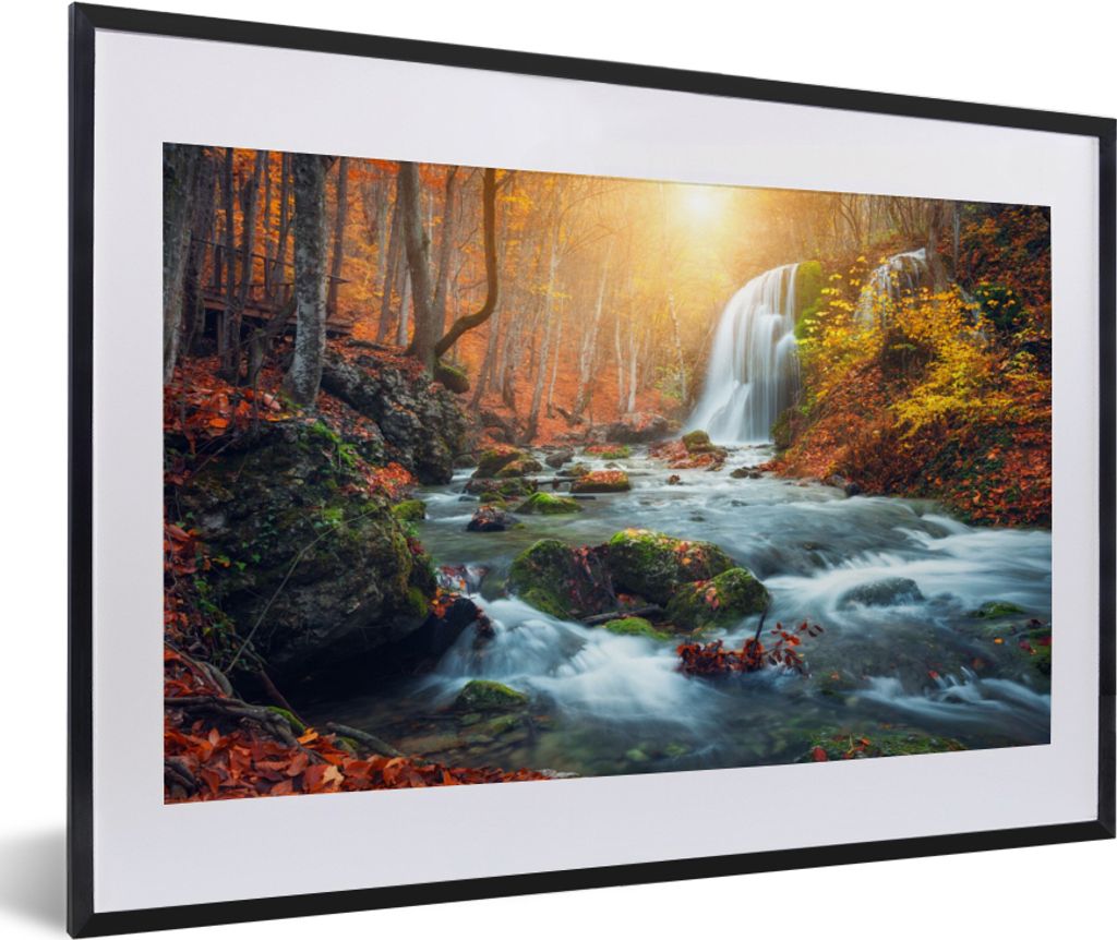 MuchoWow Gerahmtes Poster Wasserfall - Sonne - Herbst 60x40 cm - Poster mit Schwarzem Bilderrahmen Wandposter Rahmen Foto Bilder - Schlafzimmer -...