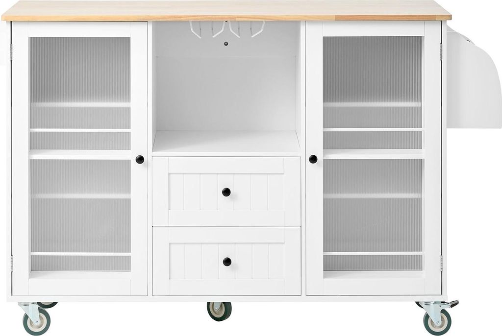 Kücheninsel mit rollendem Tisch auf Rädern mit Drop Leaf Bar Arbeitsplatte Seite offen Lagerung Rack Weiß