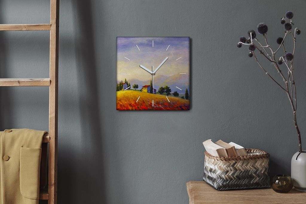 Coloray Hodiny Unikátní 30x30 cm Tiché hodiny Pro obývací pokoj a kuchyň Nástěnné hodiny Plátno Bílé ručičky hodin - Hill Tree Landscape