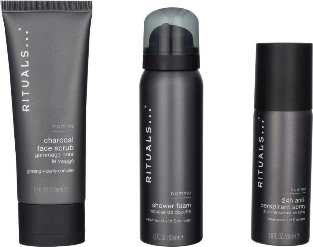 Shower Foam 50ml/24h Anti-Perspirant Spray 50ml/Charcoal Face Scrub 70ml Rituals Homme Trial Set