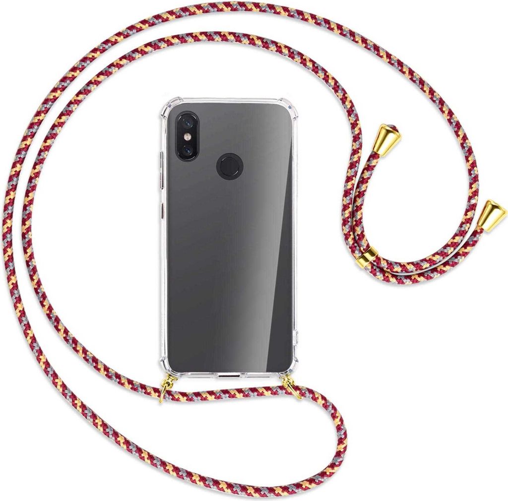 Handykette Backcover-Schutzhülle mit Band (Metall goldfarben) für Xiaomi Mi 8 / Mi 8 Pro - weinrot/gelb/grau