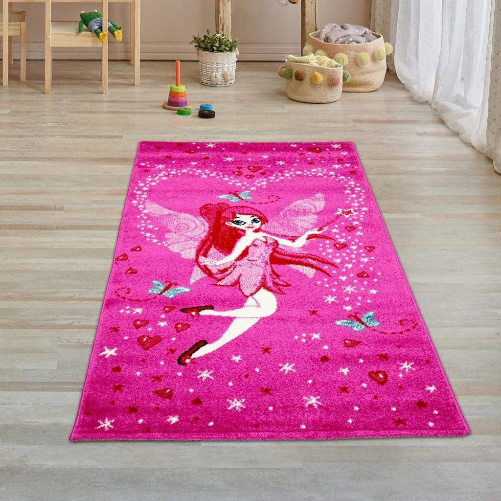 Kinderteppich Spielteppich Kinderzimmer Teppich Fee Zauberfee mit Schmetterlingen Pink Größe - 80 x 150 cm