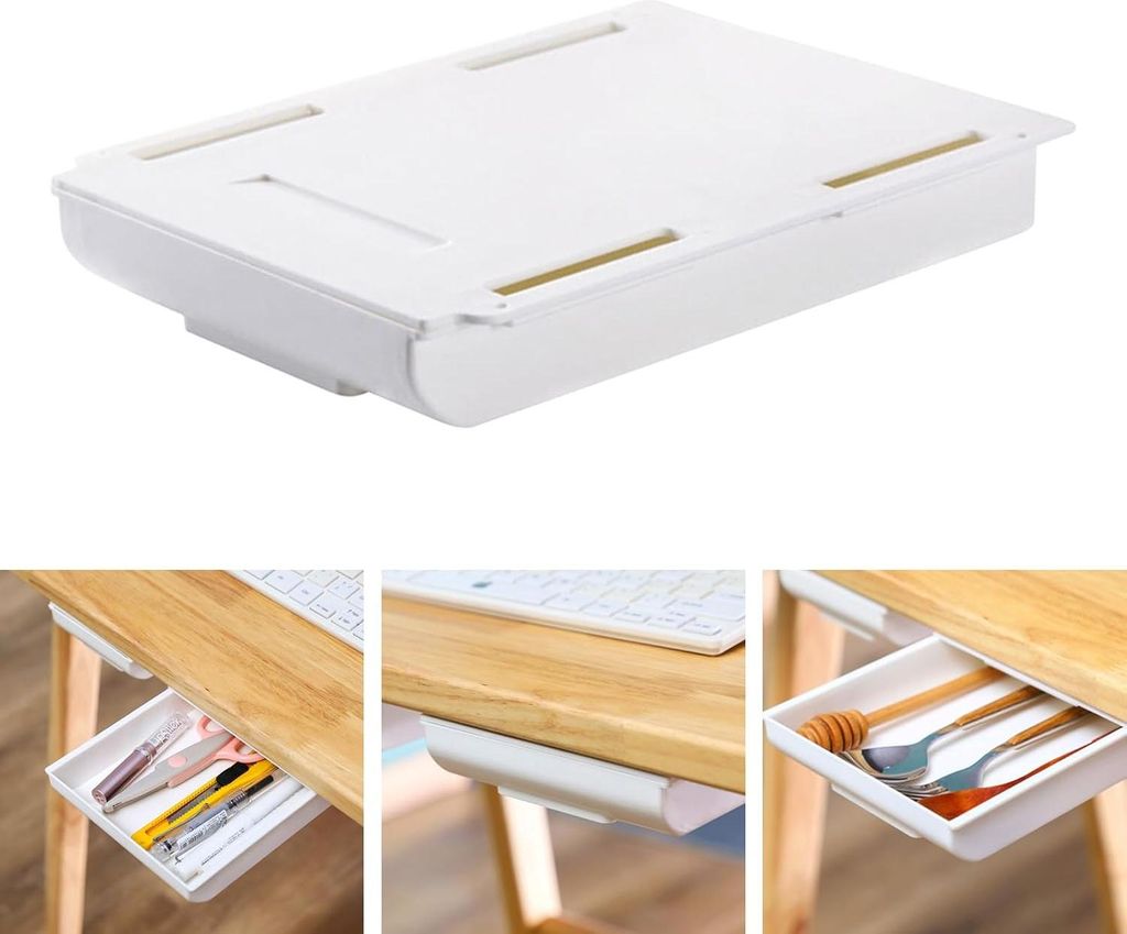 Unter dem Schreibtisch Schublade - Selbstklebende Schublade - Versteckte Klebe-Schublade für Büro Schule Küche - Weiß 25.5×20×4.2cm (1)