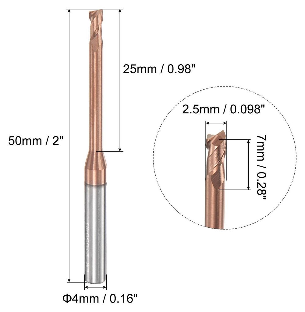 VHM Schaftfr?ser 2.5 mm, 2 Z?hne, Klingenl?nge 25 mm Titan (Nano)-Beschichtung CNC Fr?ser fš¹r Edelstahl, Verbundwerkstoffe und Legierungen
