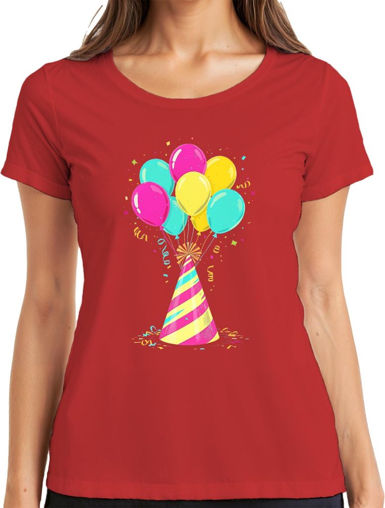 Clown Hut Ballons Konfetti Partyhut Bunt Karneval Geschenk Damen T-Shirt, Rot, M