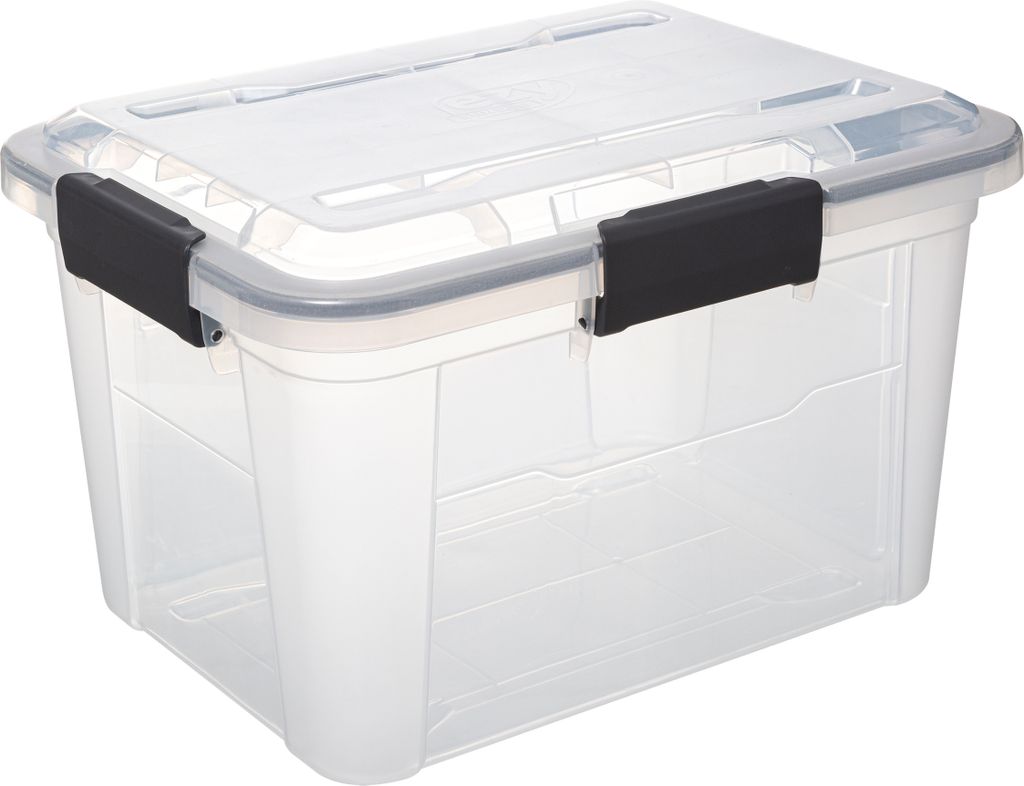 A clear, well-lit studio shot of a transparent plastic storage box with black latches.
