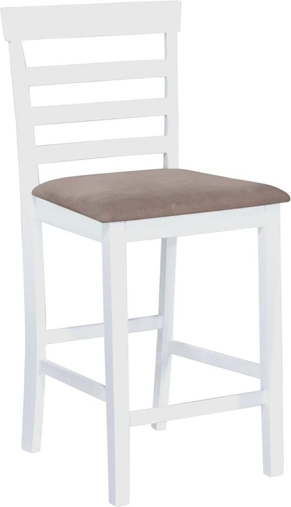A white bar stool with a brown fabric seat, shown from the front on a white background.