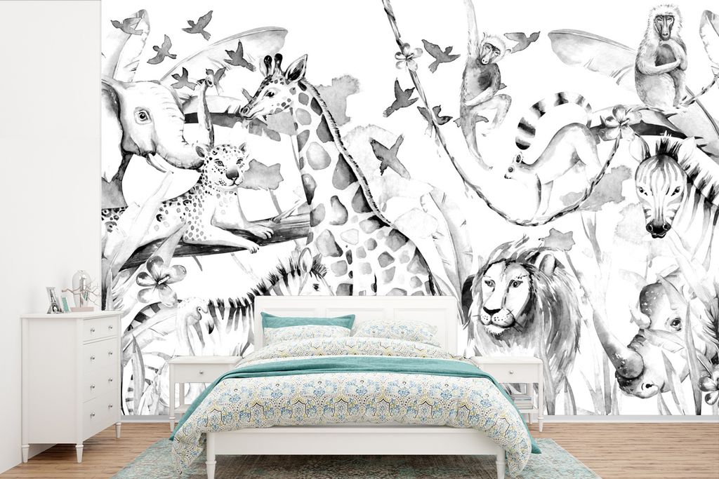 MuchoWow Fototapete für Wohnzimmer oder Schlafzimmer Wandtapete Vinyl Motivtapete Aquarelle - Tiere - Dschungel - Jungen - Mädchen - Kinder - K...