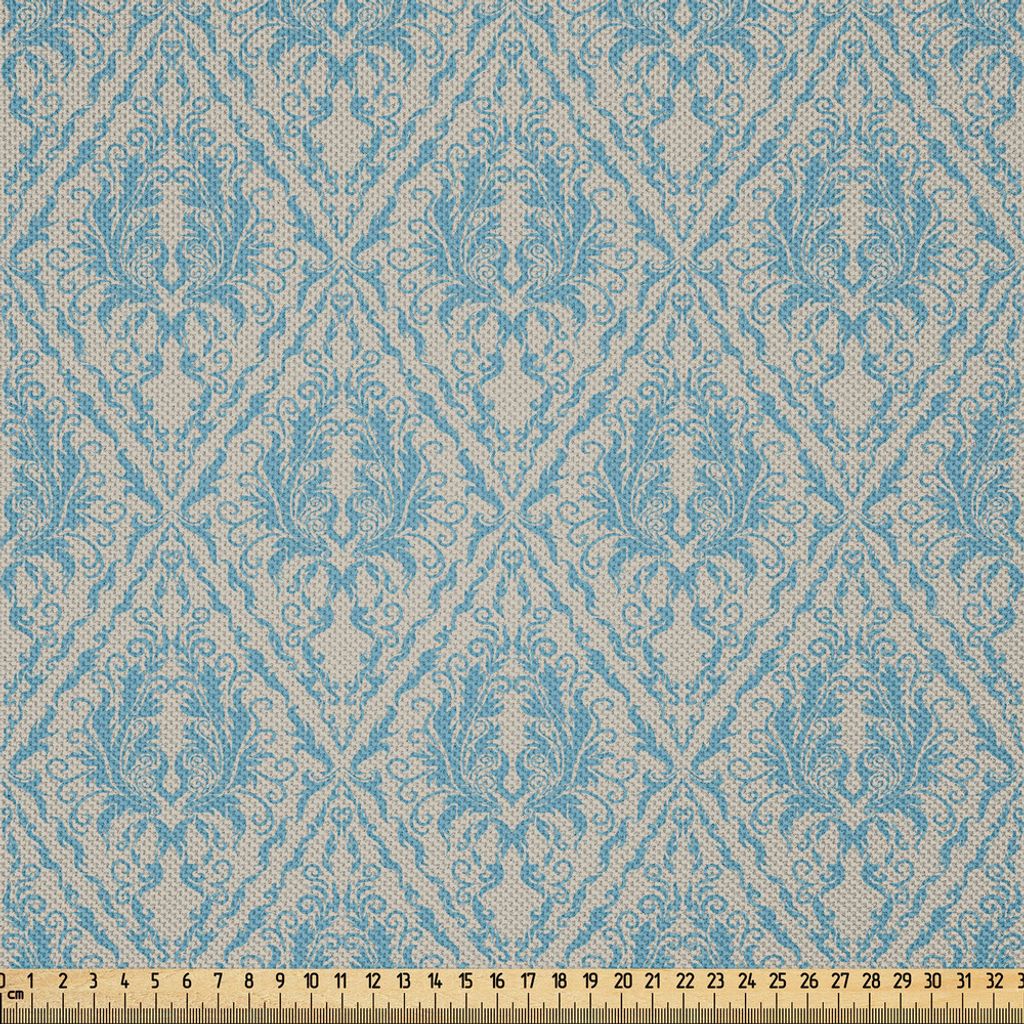 ABAKUHAUS Blau und Beige Satin Stoff als Meterware, Weinlese-königliches Rolle-Muster-viktorianische Fantasie wirbelte alte Flourish-Fliese, 3 M (...