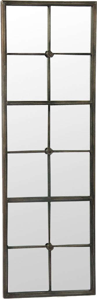 A tall, rectangular mirror with a metal frame divided into multiple panes.