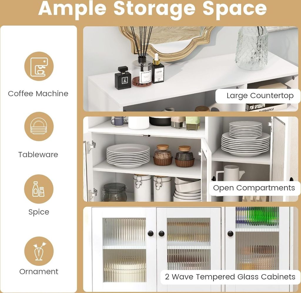 A ALFRESCOOL Küchen Hochschrank 105x38,4x180cm - Vitrinenschrank Mit LED Beleuchtung & Verstellbaren Ablagen