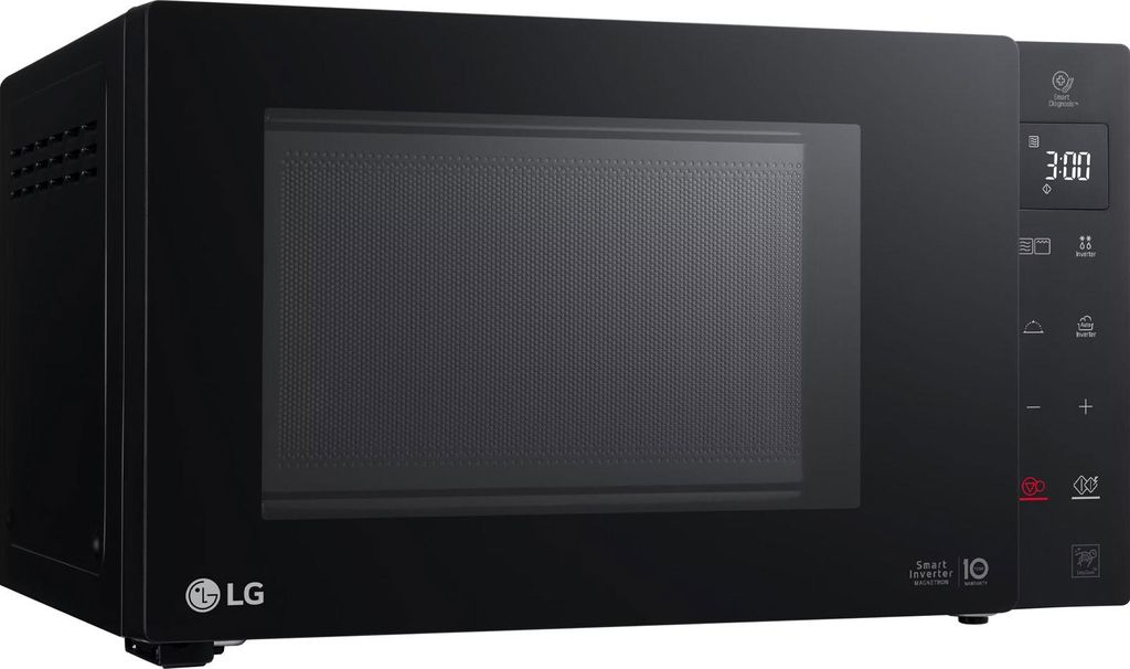 A black LG microwave oven is shown from a three-quarter angle against a white background.