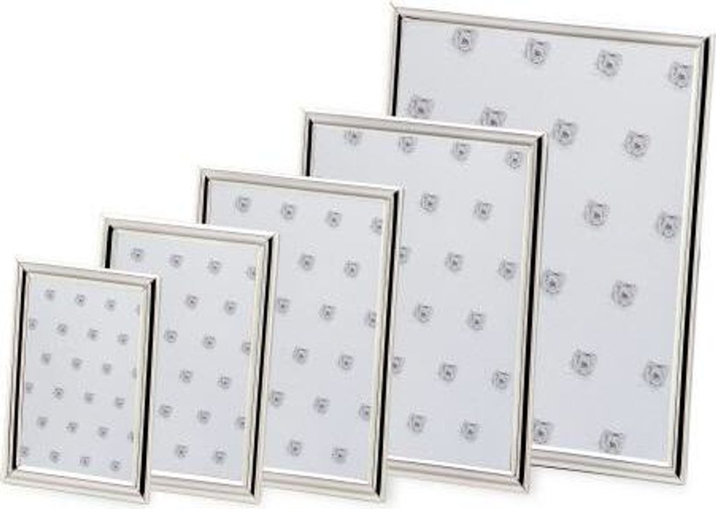 A set of silver picture frames of varying sizes arranged diagonally on a white background.
