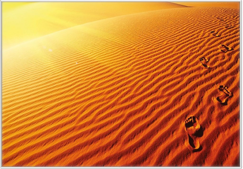 Wallario Wandbild Fußspuren im Sand - Sanddüne in der Wüste, Größe: 70,30 x 100,30 cm, Poster mit weißem Kunststoffrahmen
