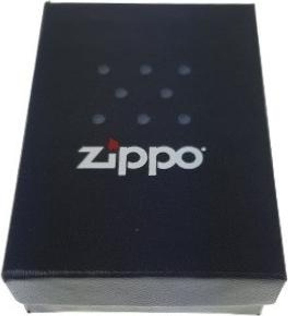 A black Zippo branded box with a pattern of dots and the Zippo logo.